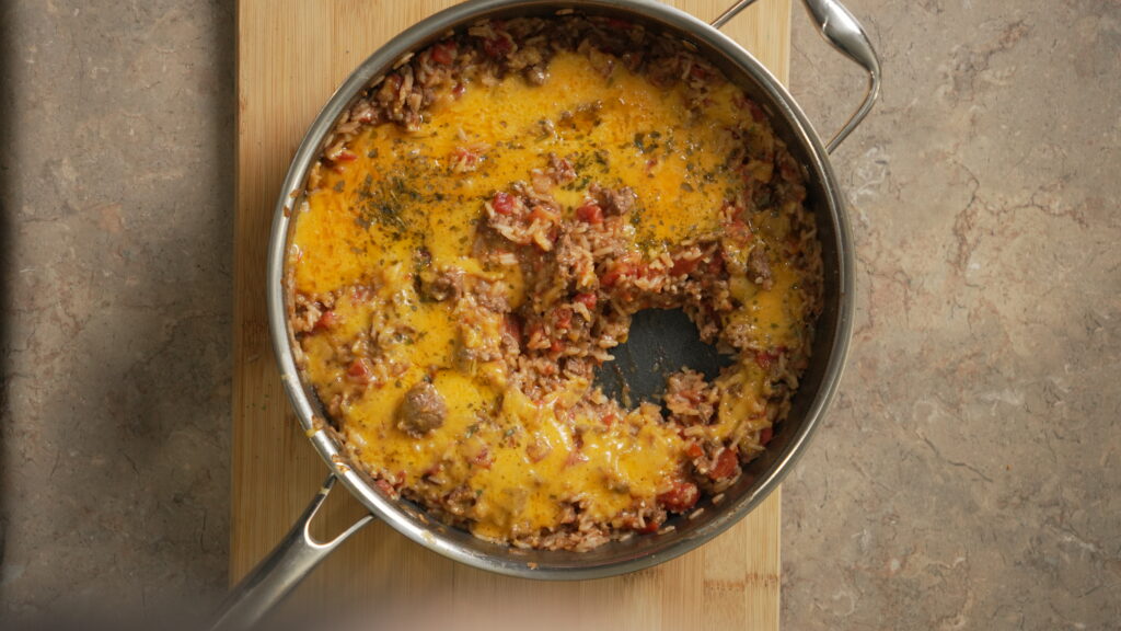 pan of cheesy taco rice