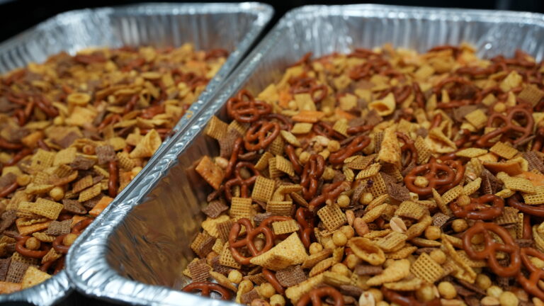 aluminum pans of Chex mix