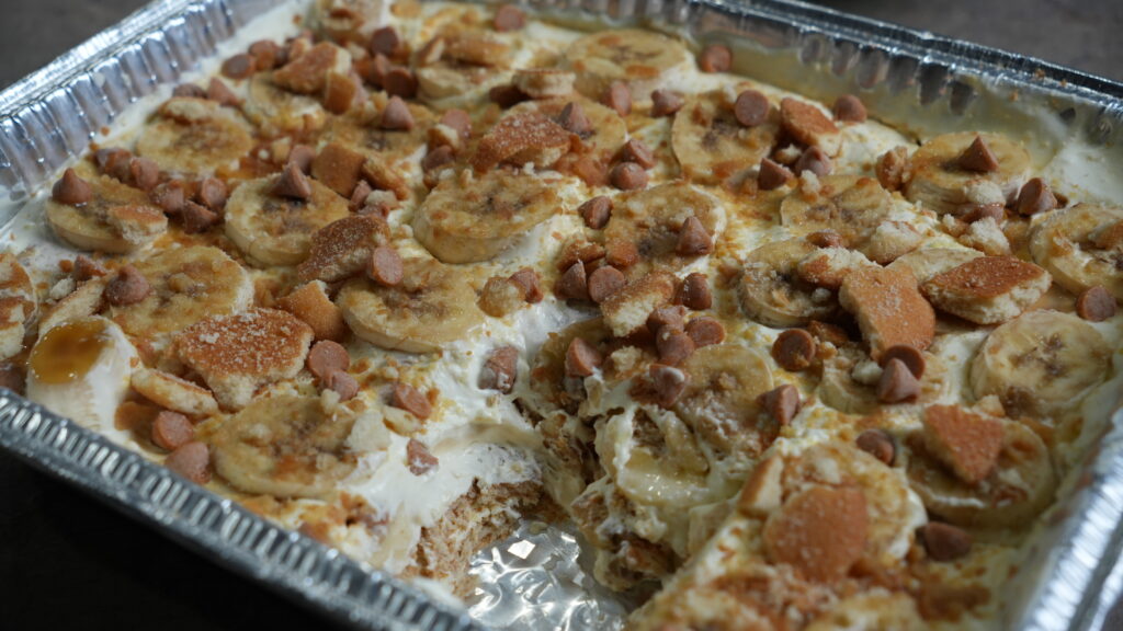 banana cream icebox cake in aluminum pan