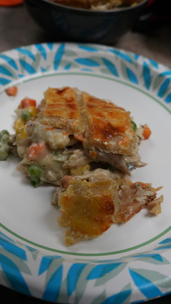 Chicken pot pie dished up on plate