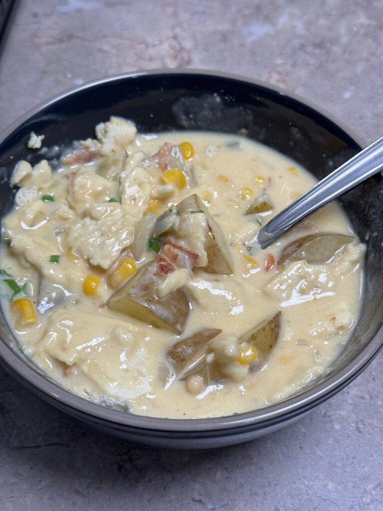 cheesy bacon corn chowder in bowl