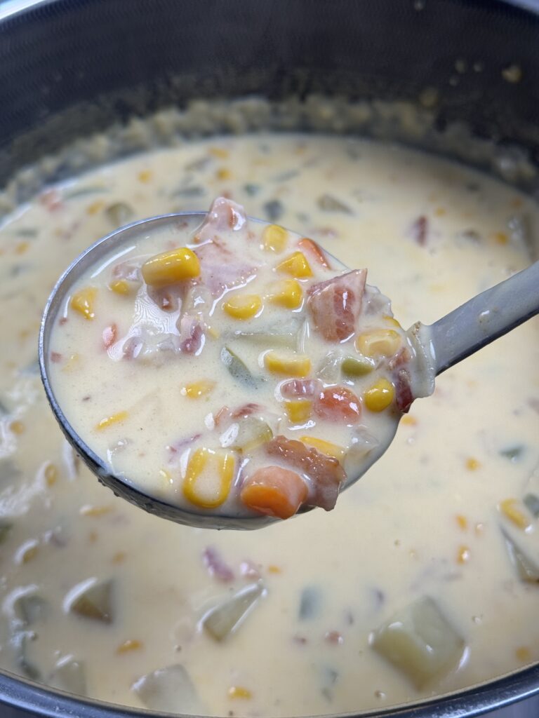 cheesy bacon corn chowder in bowl