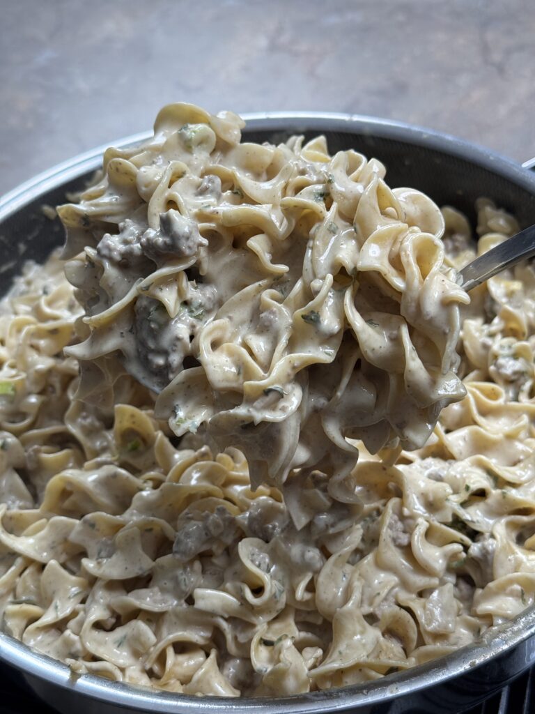 ground beef stroganoff in pot 