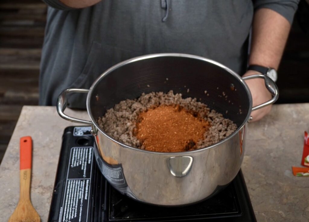 pot of ground beef with chili mix