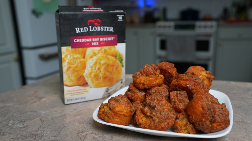 food with red lobster box in background