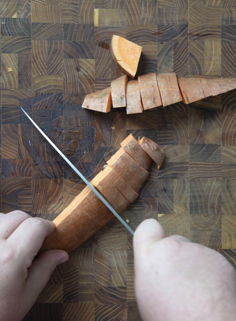 cubing sweet potatoes