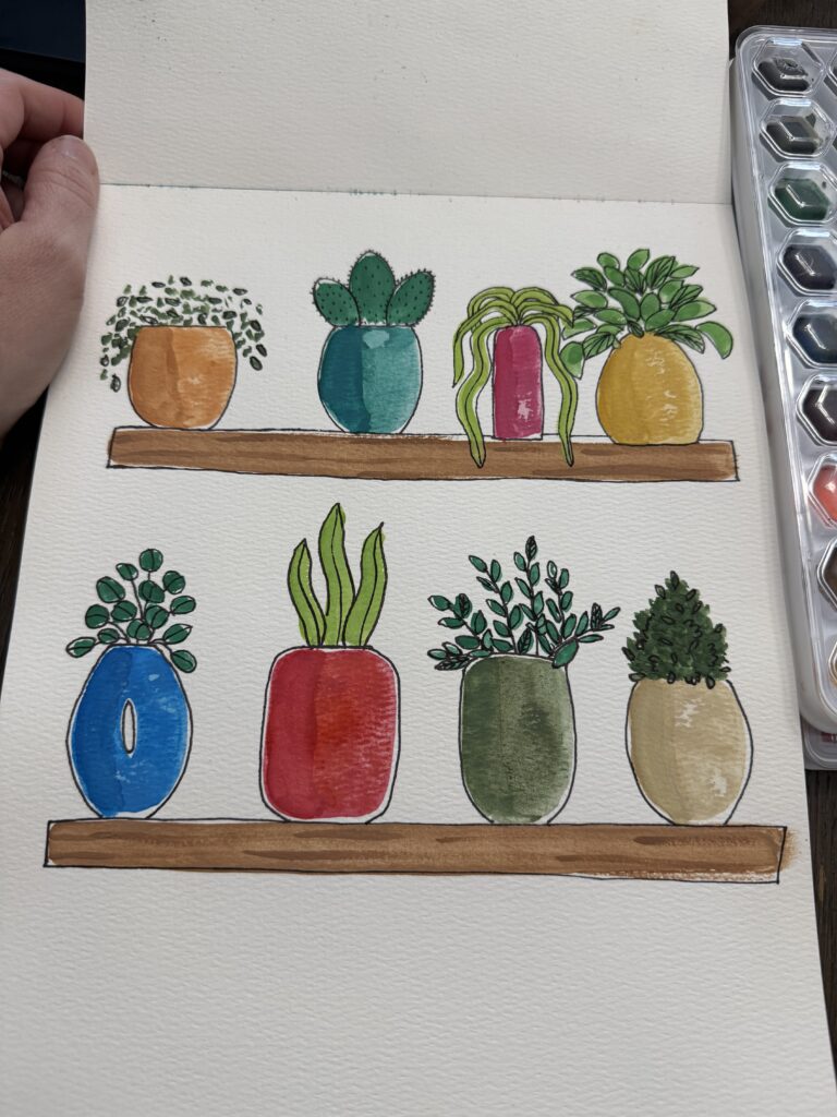 watercolor painting of potted plants