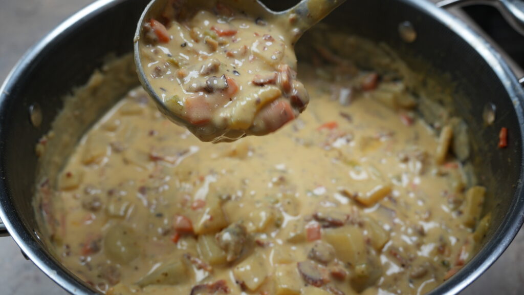 bacon cheeseburger soup in pot