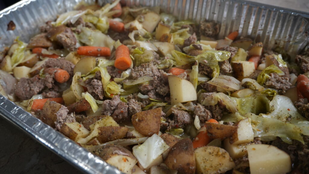 foil packet dinner in aluminum pan
